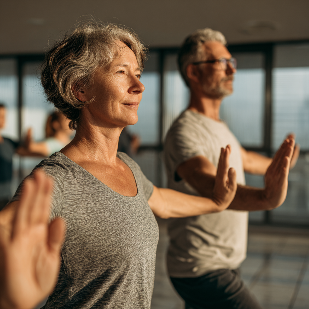 Middle-aged adults practicing gentle movement exercises in natural light