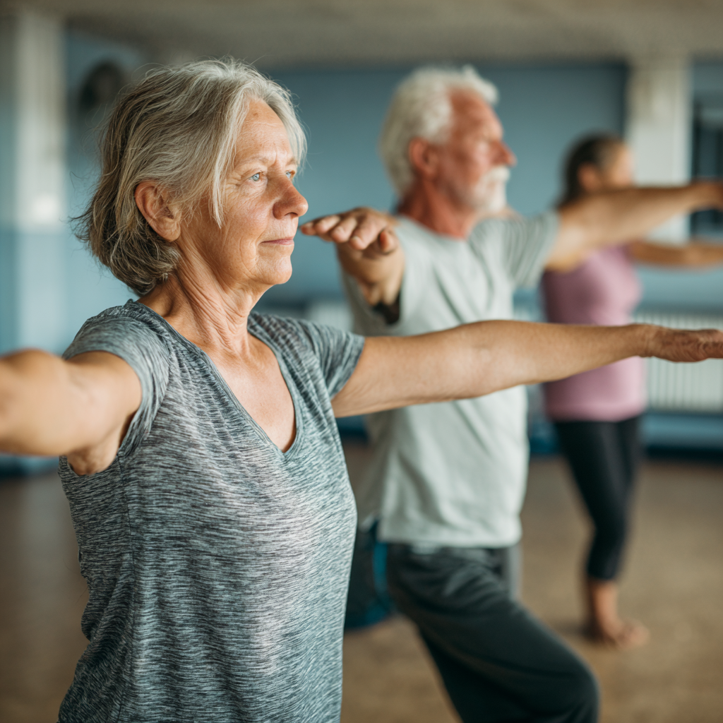 Older adults practicing stability exercises in peaceful environment